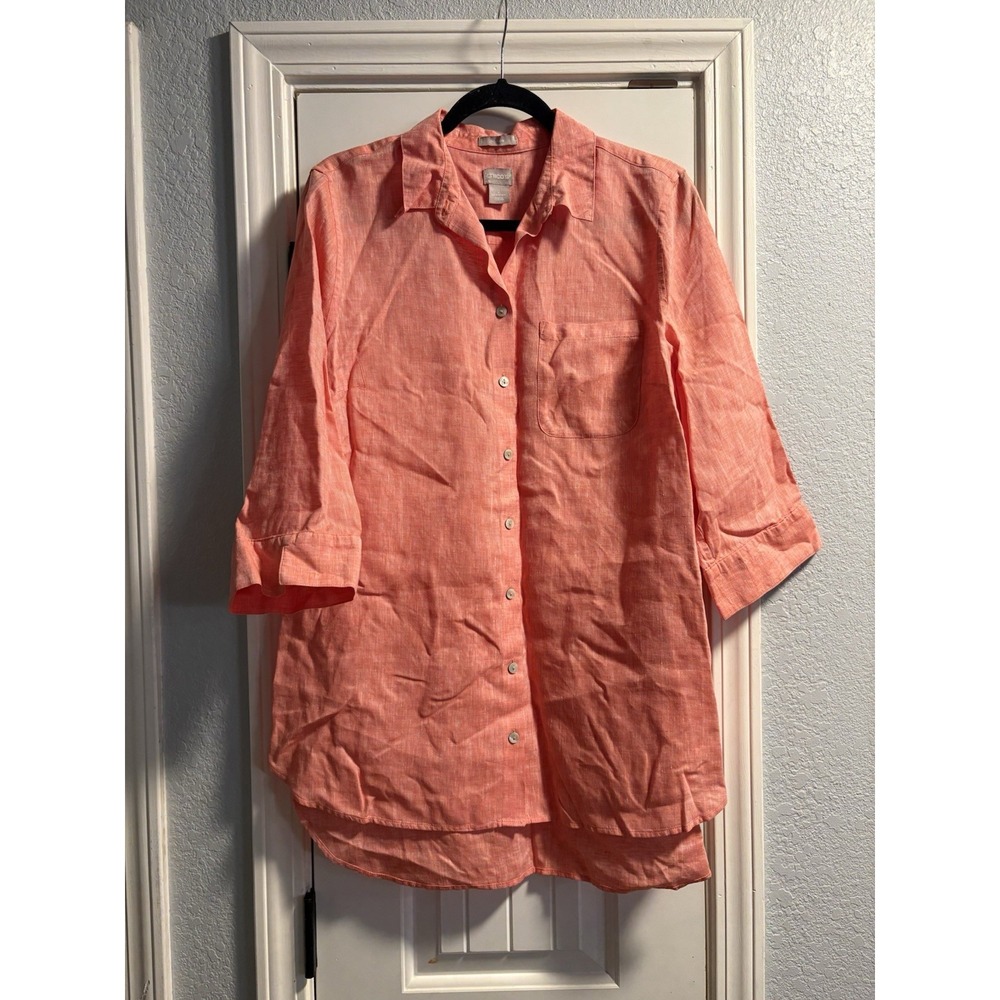 Chico's Button Down Tunic Women 2 L Coral 100% Linen No Iron 3/4 Sleeve Shirt
